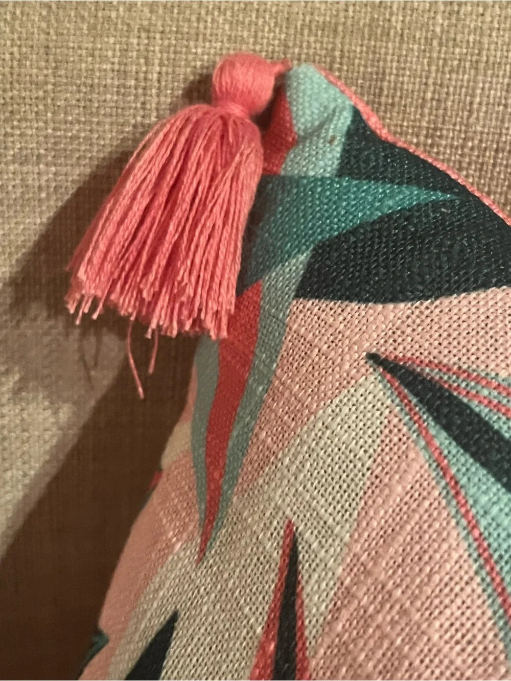 Tropical Leaf Print Accent Pillow with Coral Tassels (NWOT)
